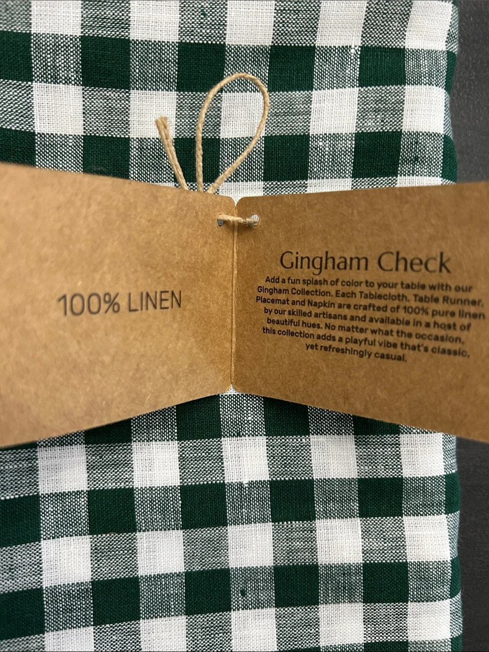 NWT 100% Linen Green and White Gingham Long TableRunner 14”x108”